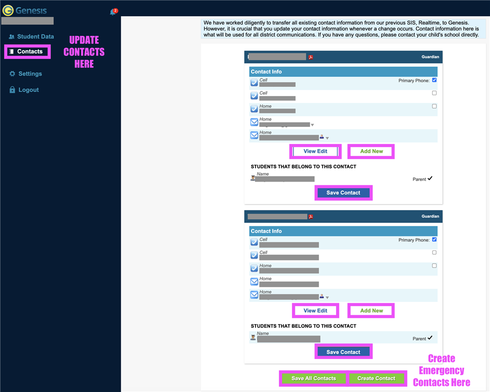 Click contacts and update the necessary information. Click contacts and update the necessary information.